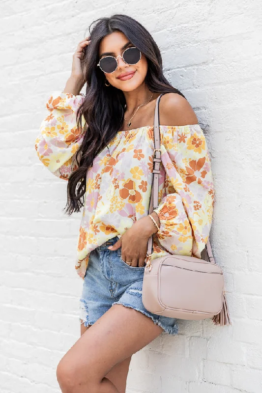 Find My Way Yellow Multi Floral Off The Shoulder Blouse FINAL SALE Feminine Tie Blouse