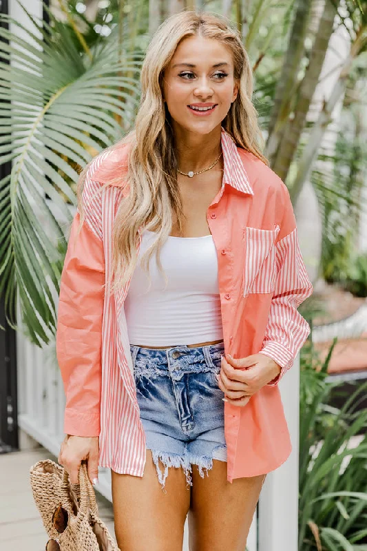 Get It Right Coral Striped Button Front Color Block Blouse FINAL SALE Collared Satin Blouse Get It Right Coral Striped Button Front Color Block Blouse FINAL SALE Collared Satin Blouse