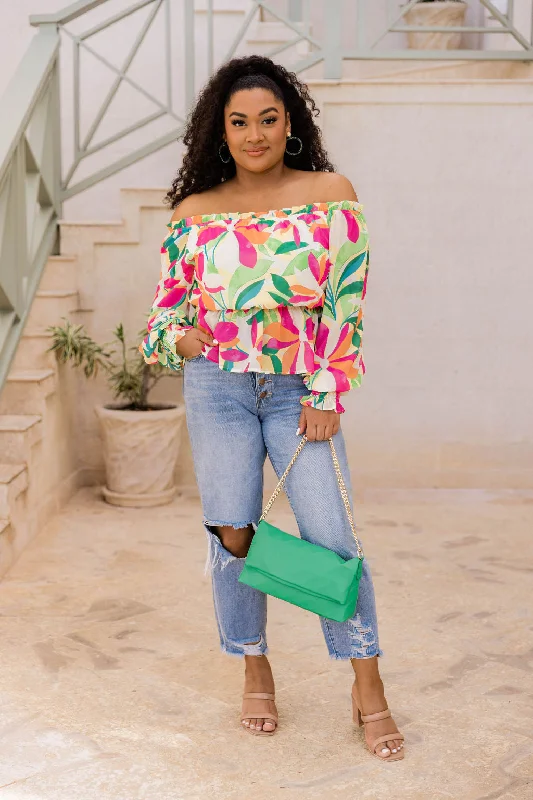 I Found Paradise Multi Off The Shoulder Printed Blouse FINAL SALE Elegant Embroidery Blouse I Found Paradise Multi Off The Shoulder Printed Blouse FINAL SALE Elegant Embroidery Blouse