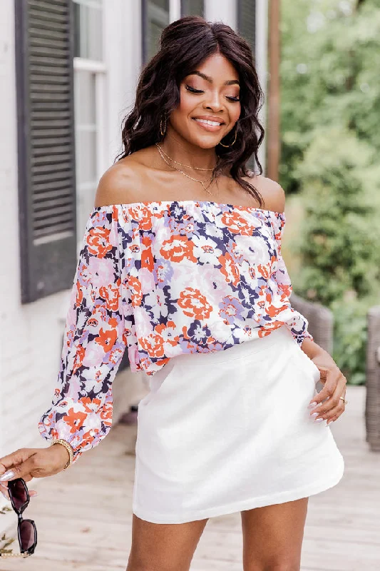In Bloom Navy Off The Shoulder Floral Blouse FINAL SALE Vintage Lace Blouse