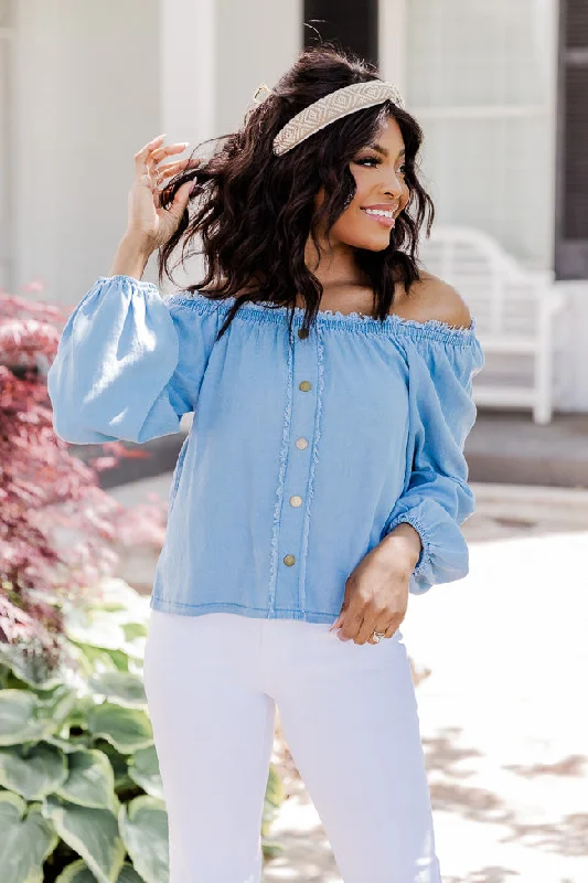 In The Countryside Medium Wash Off The Shoulder Button Front Chambray Blouse FINAL SALE Feminine Tie Blouse In The Countryside Medium Wash Off The Shoulder Button Front Chambray Blouse FINAL SALE Feminine Tie Blouse