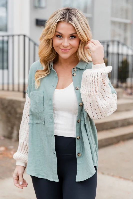 Keep Shining Cream And Sage Gauze Shacket FINAL SALE Embellished Collar Blouse