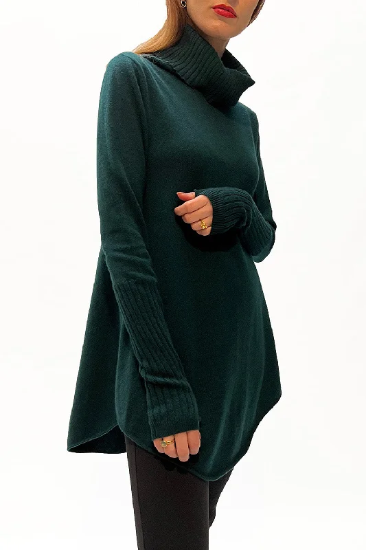 Longline Cashmere Jumper in Bottle green Front Pockets Side Pockets Patch Pockets