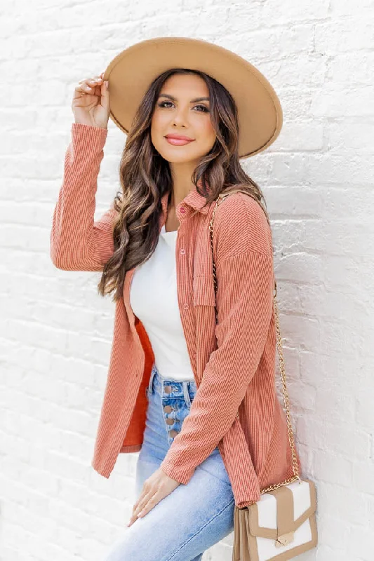 Mad About You Terracotta Ribbed Shacket FINAL SALE Elegant Semi-Sheer Blouse