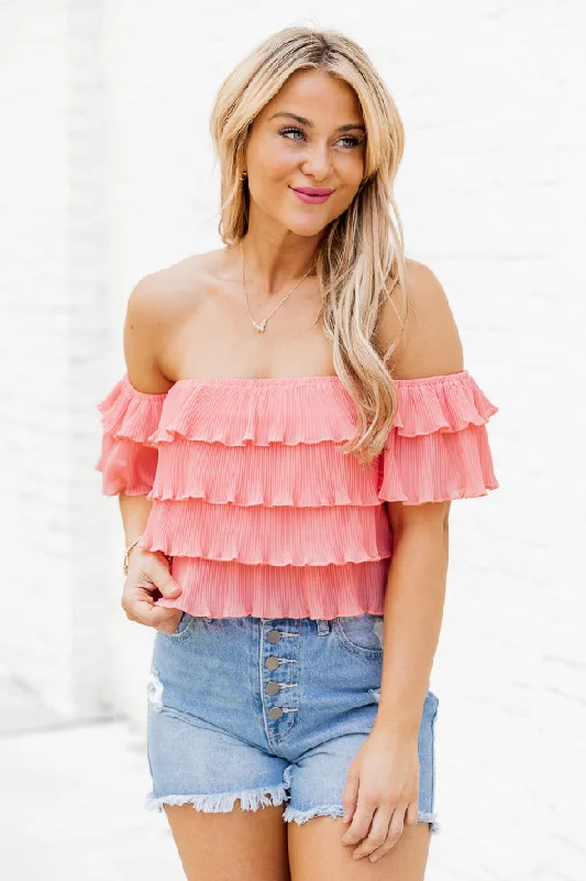Meant To Be Coral Ruffled Off The Shoulder Blouse With Removable Straps FINAL SALE Feminine Satin Blouse Meant To Be Coral Ruffled Off The Shoulder Blouse With Removable Straps FINAL SALE Feminine Satin Blouse