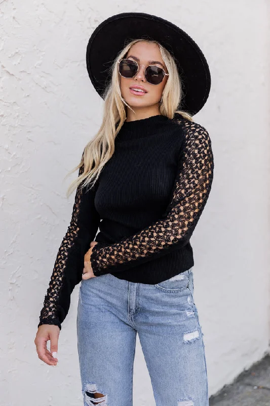 Not Over You Black Mock Neck Lace Sleeve Blouse FINAL SALE Sheer Mesh Blouse