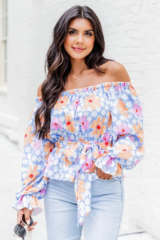 Off The Path Blue Off The Shoulder Belted Blouse FINAL SALE Cotton Casual Blouse