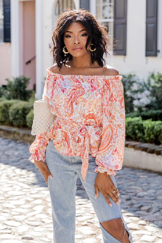 Off The Path Orange Paisley Off The Shoulder Belted Blouse FINAL SALE Vintage Polka Blouse Off The Path Orange Paisley Off The Shoulder Belted Blouse FINAL SALE Vintage Polka Blouse