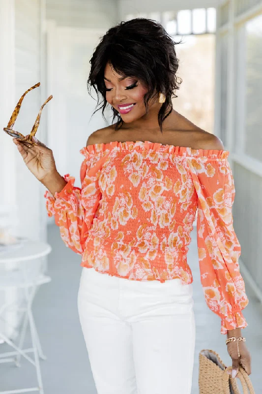 On A Whim Orange Floral Smocked Long Sleeve Blouse FINAL SALE Wrap Front Blouse