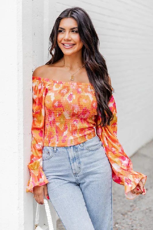 Just A Moment Orange Floral Print Off The Shoulder Blouse FINAL SALE Embroidered Floral Blouse Just A Moment Orange Floral Print Off The Shoulder Blouse FINAL SALE Embroidered Floral Blouse