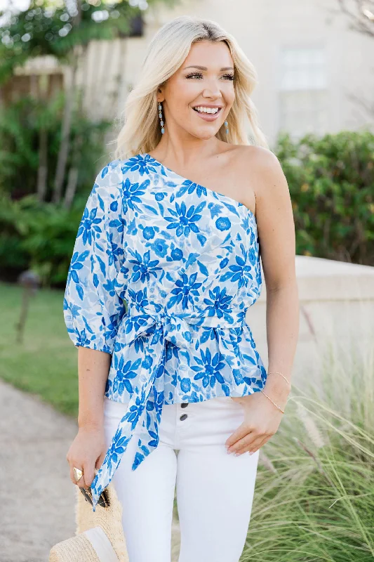 Out Of The Blue One Shoulder Blue Printed Blouse FINAL SALE Semi-Sheer Blouse