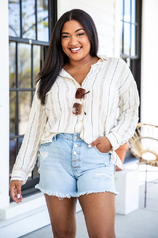 Ready For A Change Sand Striped Button Up Blouse FINAL SALE Embellished Collar Blouse Ready For A Change Sand Striped Button Up Blouse FINAL SALE Embellished Collar Blouse