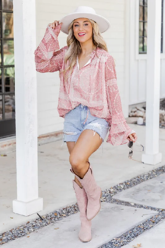 Remind Me Pink Tiered Sleeve Printed Blouse FINAL SALE Frilled Cuff Blouse