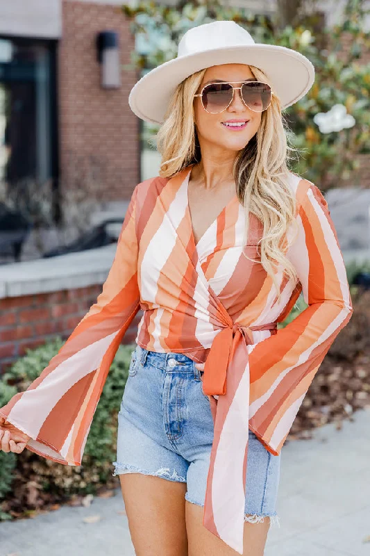 Live Your Best Life Rust Printed Long Sleeve Wrap Blouse FINAL SALE Casual Stripe Blouse Live Your Best Life Rust Printed Long Sleeve Wrap Blouse FINAL SALE Casual Stripe Blouse