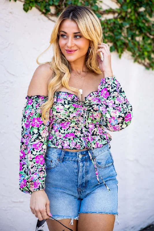 Sonic Blooms Black Floral Off The Shoulder Long Sleeve Blouse FINAL SALE Loose Oversized Blouse Sonic Blooms Black Floral Off The Shoulder Long Sleeve Blouse FINAL SALE Loose Oversized Blouse