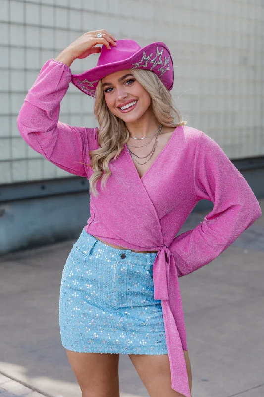 Table For Two Pink Shimmer Wrap Blouse FINAL SALE Off-Shoulder Wrap Blouse