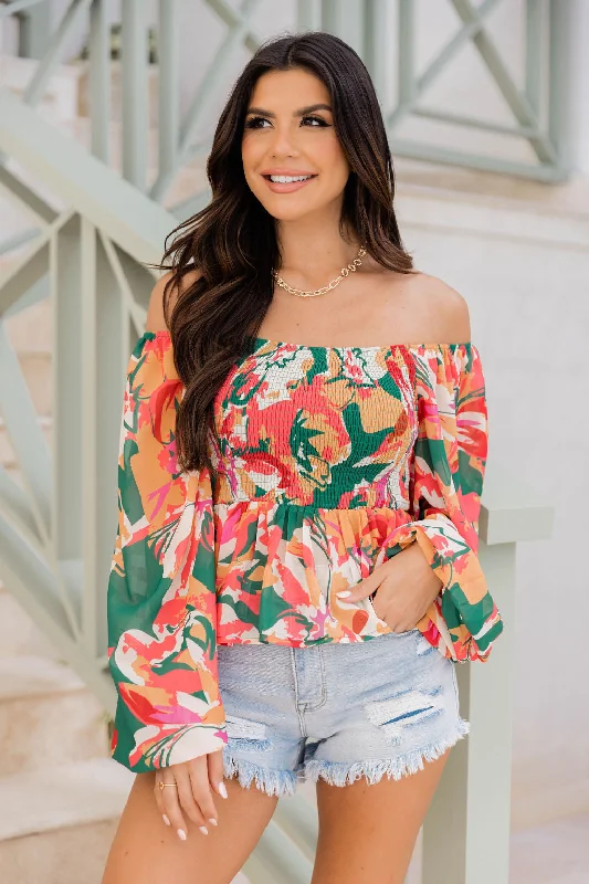 Take Me There Green Smocked Bust Floral Blouse FINAL SALE Elegant Semi-Sheer Blouse