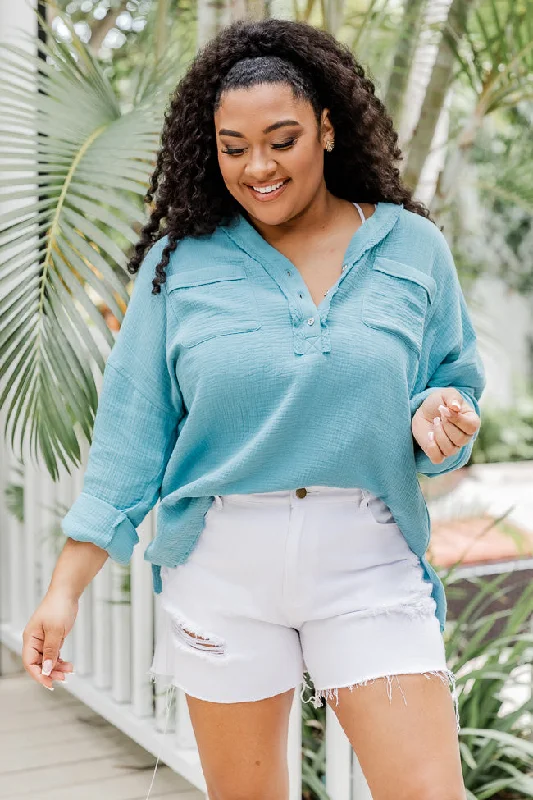 Unique Role Teal Pocketed Henley Gauze Blouse FINAL SALE Pleated Collar Blouse