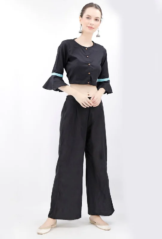Black Cotton Blouse With Bell Sleeves Ruched Sleeve Blouse