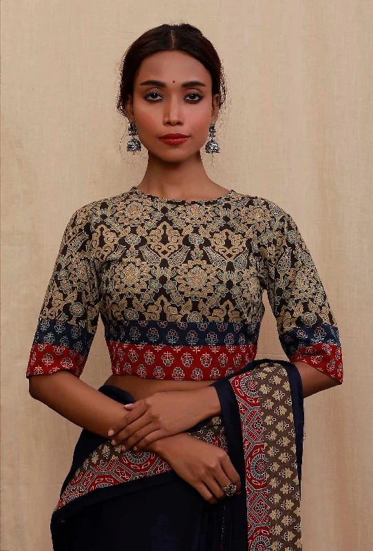 Blue and Red Round Neck Ajrak Printed Cotton Blouse Asymmetric Hem Blouse