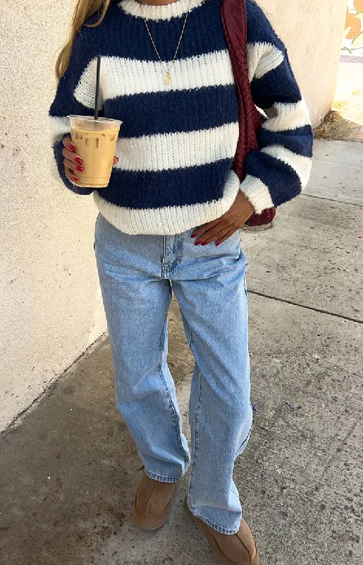 Cotton Candy Navy Stripe Knit Jumper Mesh Blend Leather Blend Suede Blend