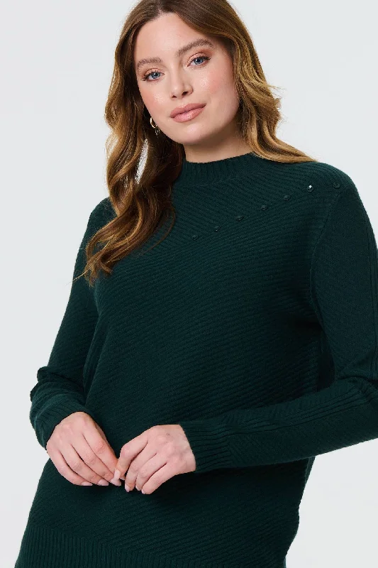 Button Detail High Neck Knit Jumper Lace Blend Ribbed Blend Corduroy Blend