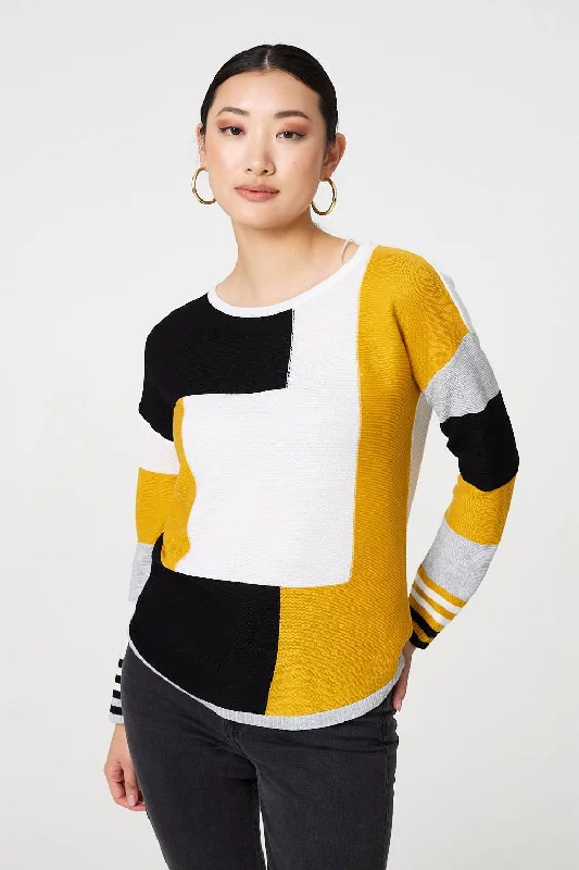 Colour Block Curve Hem Boat Neck Jumper Toggled Drawstring Belted