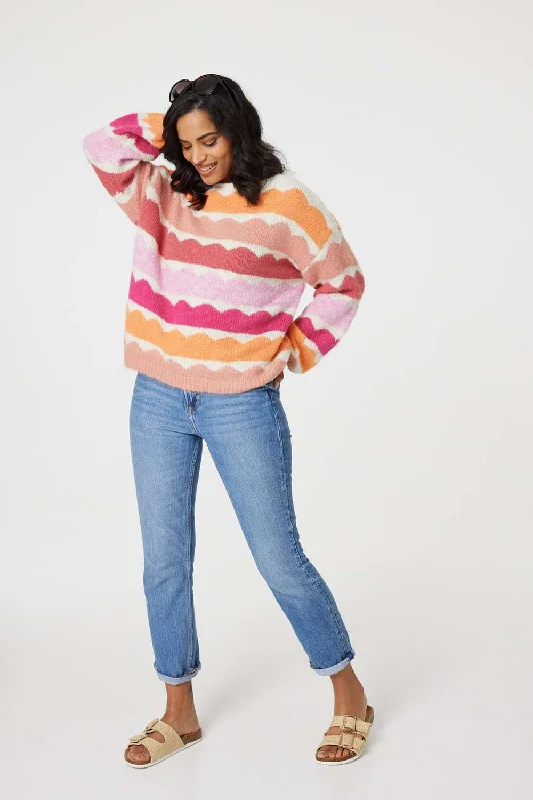 Striped Oversized Knit Jumper Spandex Blend Rayon Blend Denim Blend