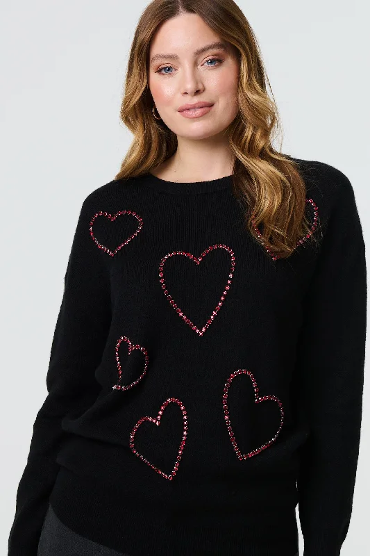 Heart Embellished Long Sleeve Jumper Long Sweater Short Sweater Cropped Sweater