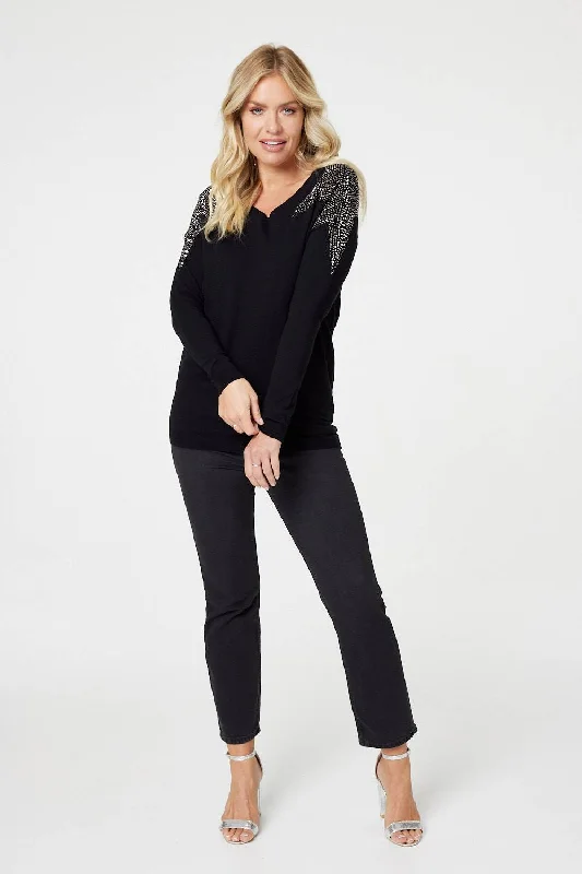 Star Sequin Studded Long Sleeve Jumper Sequined Glittery Shiny