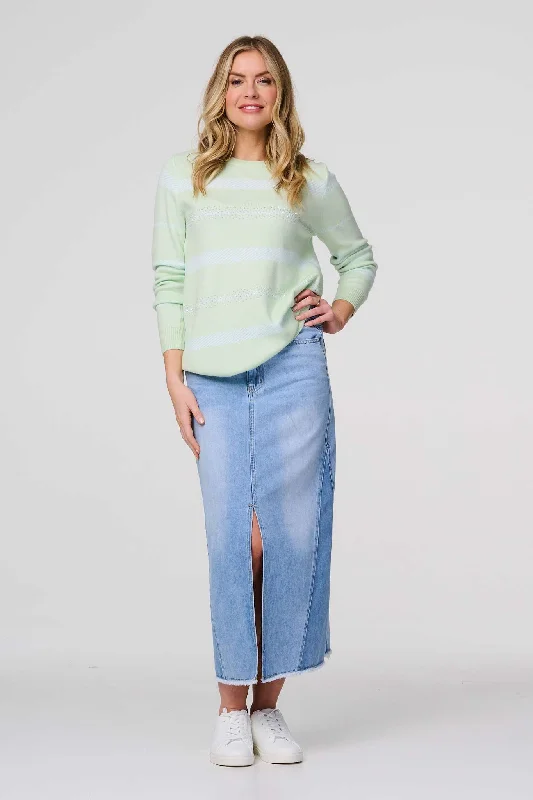 Stripe Print Long Sleeve Jumper Houndstooth Herringbone Solid