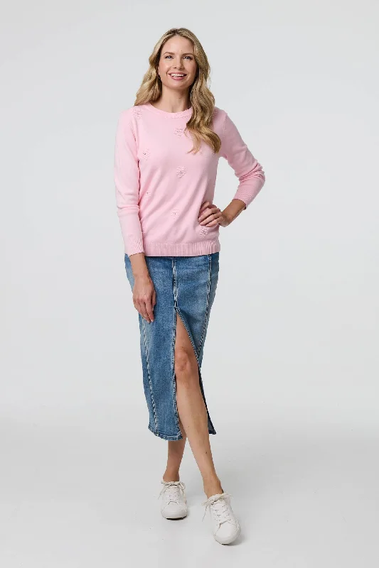 Floral Gemstone Embellished Jumper Ribbed Striped Patterned