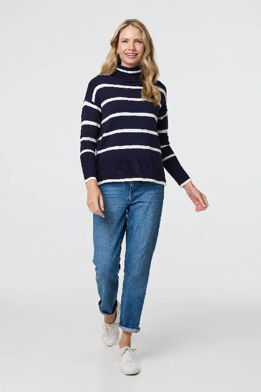 Striped Roll Neck Relaxed Jumper Chenille Fabric Brocade Fabric Lace Fabric