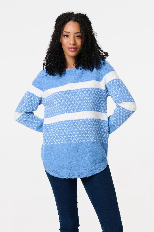 Stripe Print Relaxed Curve Hem Jumper Velvet Chenille Corduroy
