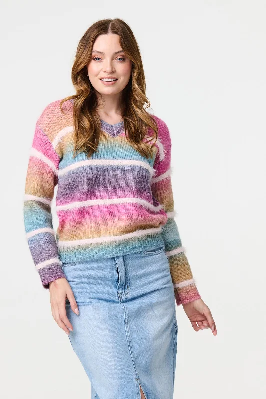 Striped V-Neck Relaxed Knit Jumper Knit Fabric Woven Fabric Fleece Fabric