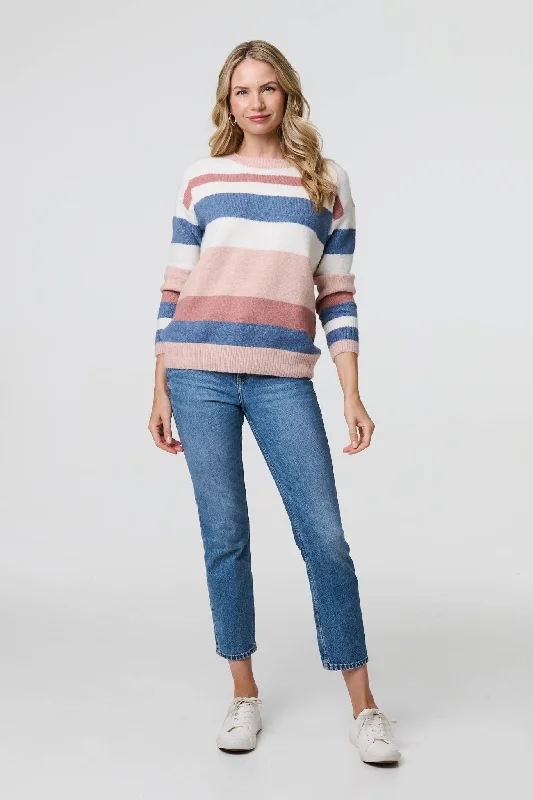 Striped Long Sleeve Relaxed Jumper Fleece Fabric Down Fabric Feather Fabric