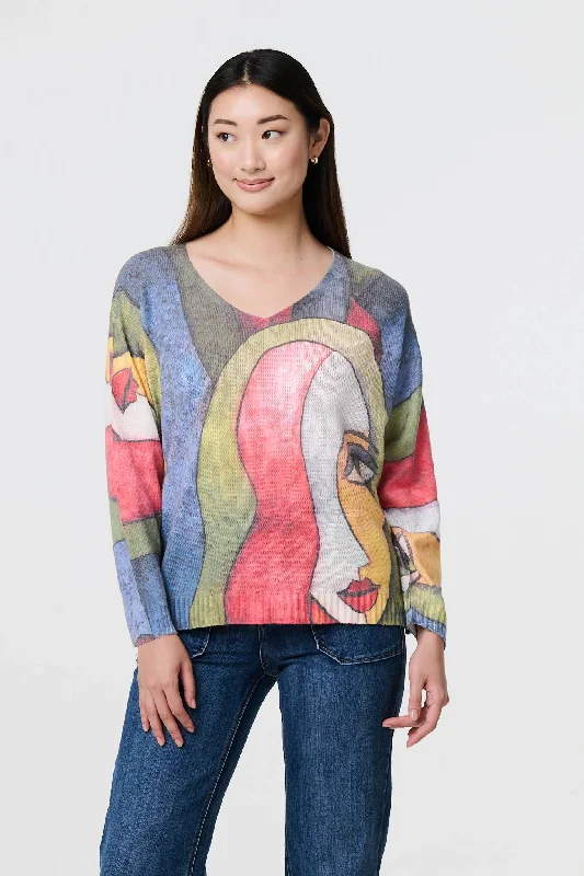 Abstract Print Long Sleeve Knit Jumper Modern Contemporary Chic
