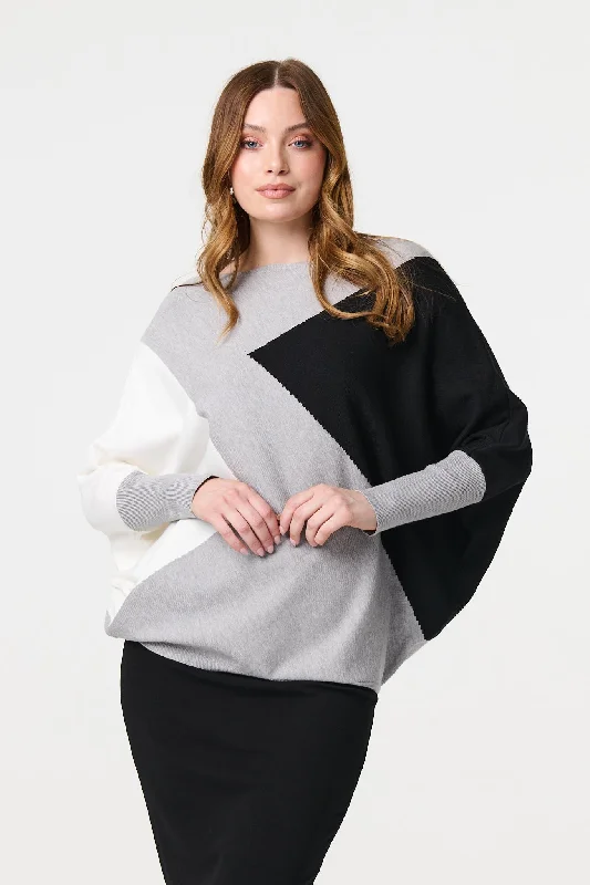 Colour Block Oversized Batwing Jumper Front Pockets Side Pockets Patch Pockets