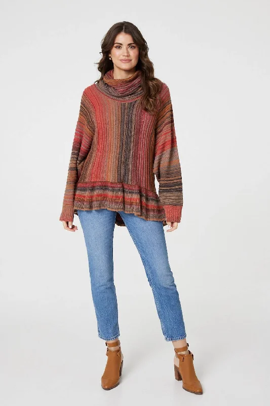 Striped Oversized Frill Roll Neck Jumper Layered Multi-layer Single Layer