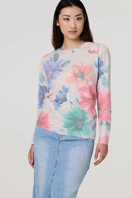 Floral Diamante Detail Long Sleeve Jumper Fitted Loose Oversized