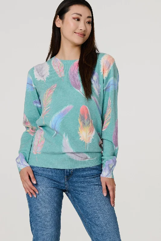 Feather Print Diamante Detail Jumper Toggled Drawstring Belted