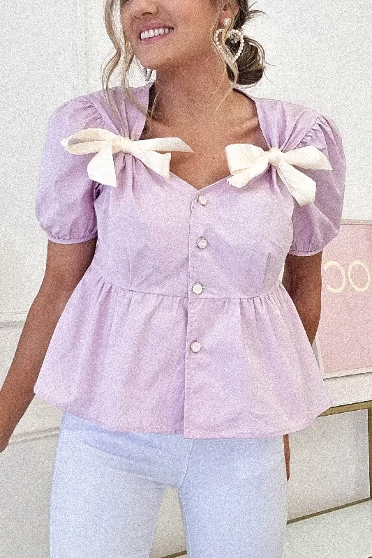 Minnie Bow Detail Blouse | Lilac Elegant Embroidery Blouse