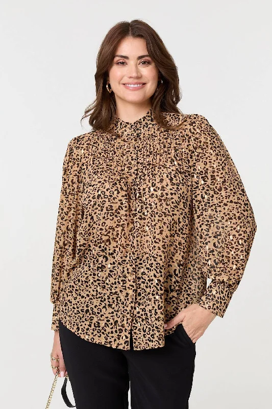 Animal Print High Neck Loose Fit Blouse Elegant Semi-Sheer Blouse