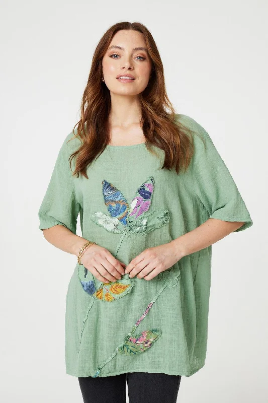 Floral Embroidered Oversized Blouse Feminine Tie Blouse