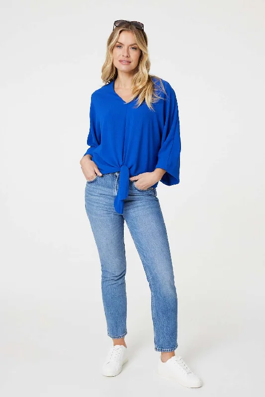 Knot Front Relaxed 3/4 Sleeve Blouse Vintage Lace Blouse
