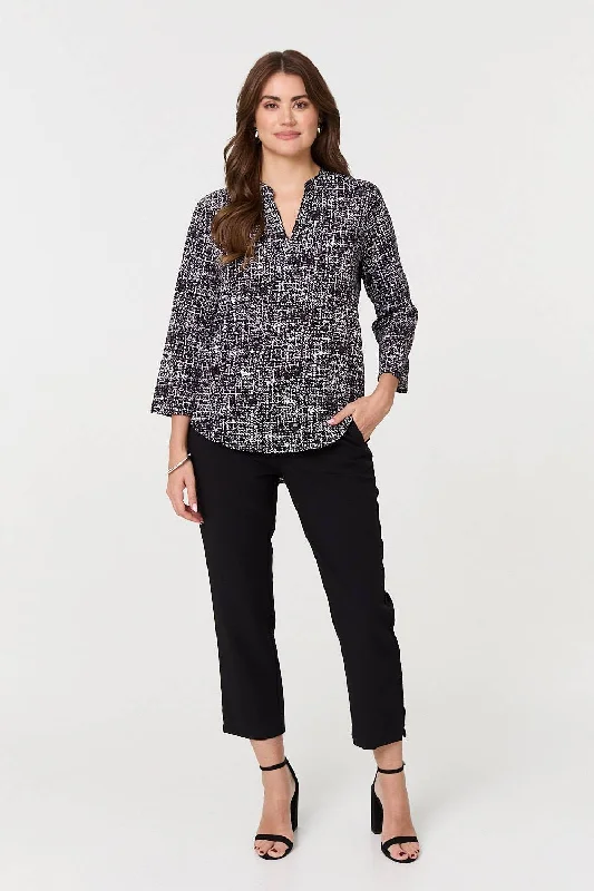 Printed 3/4 Sleeve Curved Hem Blouse Chic Sleeveless Blouse