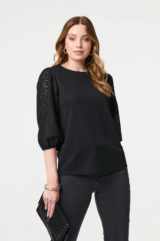 Floral Lace 3/4 Puff Sleeve Blouse Smart Casual Blouse