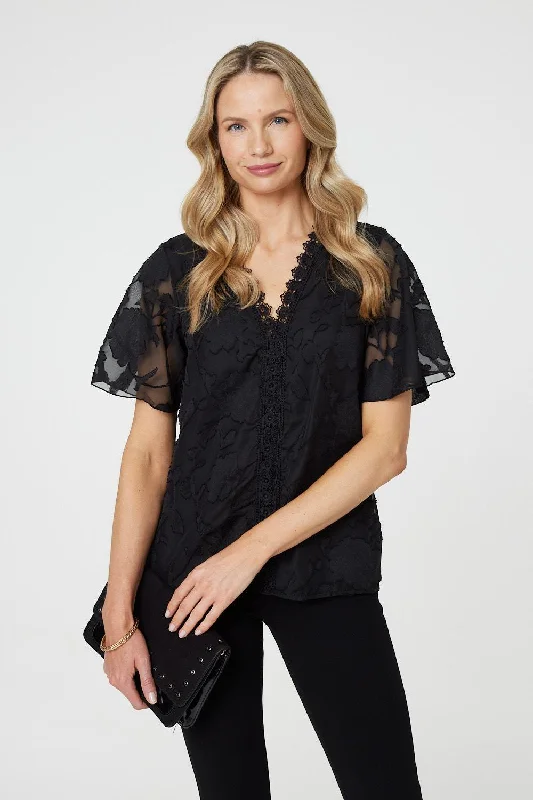 Floral Lace Detail Flared Sleeve Blouse Elegant Semi-Sheer Blouse
