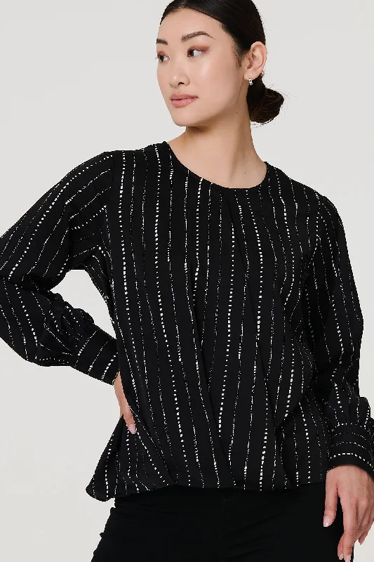 Metallic Stripe Long Sleeve Blouse Soft Satin Blouse