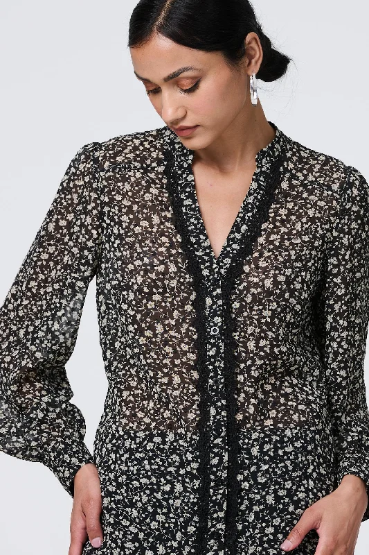 Ditsy Floral Semi Sheer Long Sleeve Blouse Peter Pan Blouse